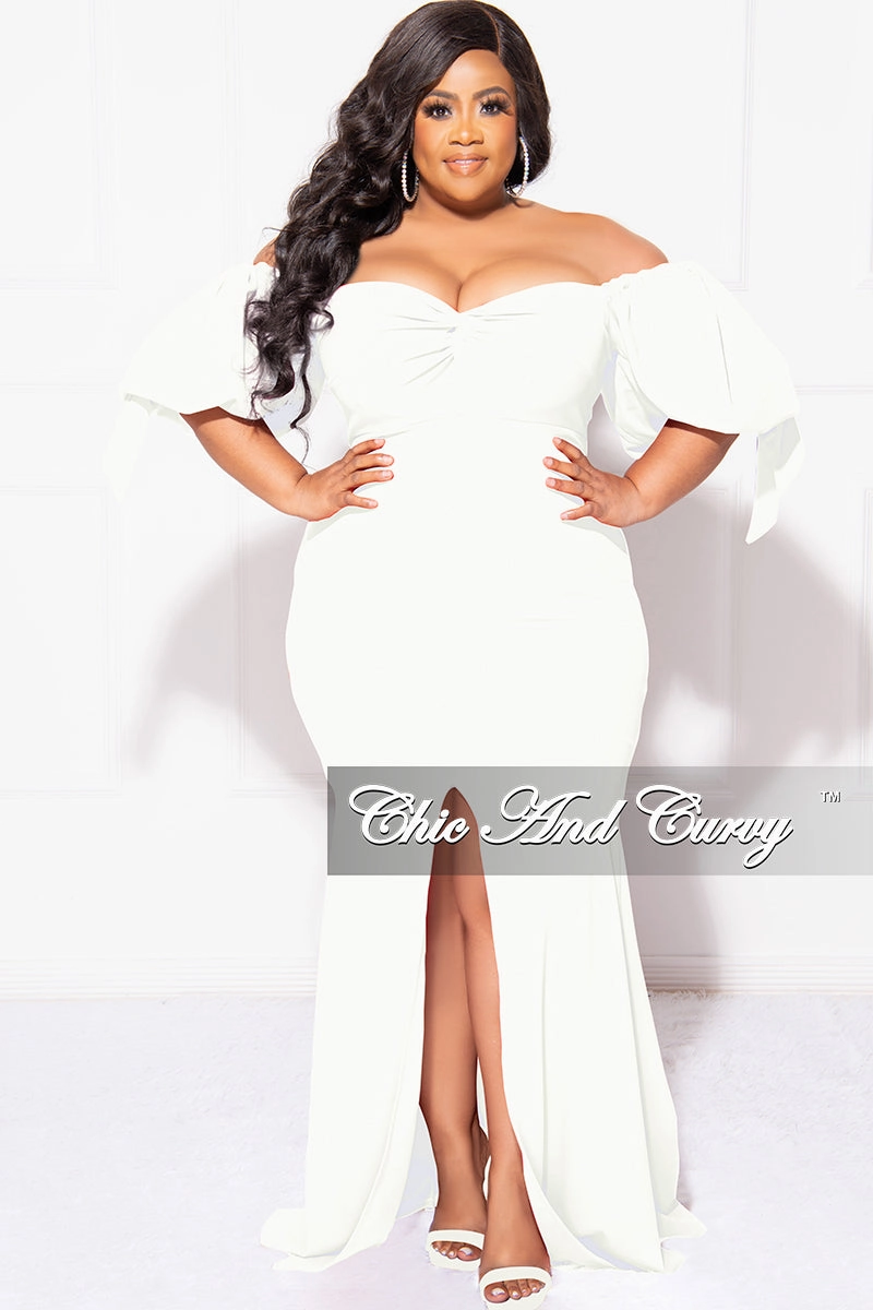 Premium Stretch WaterRepellentCoating Final Sale Plus Size Puffy Sleeve Gown with Front Slit in Ivory