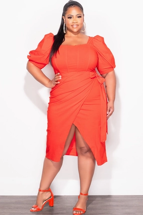 Final Sale Plus Size Puffy Sleeve Wrap Dress in Red Tomato Loose cut