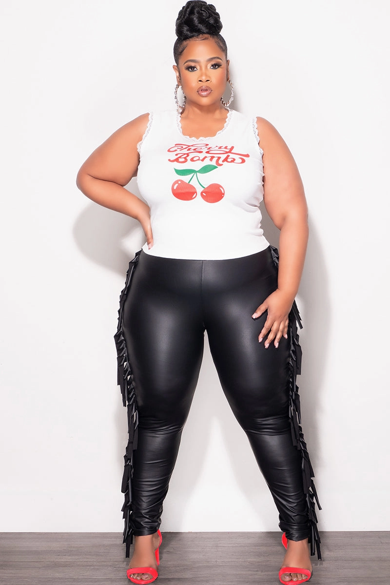 Final Sale Plus Size "Cherry Bomb" Graphic White Ribbed Tank with Red and Green with Lace Detail ReflectiveAccentDetails Flattering Style