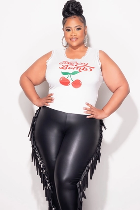 StainResistantFinish Final Sale Plus Size "Cherry Bomb" Graphic White Ribbed Tank with Red and Green with Lace Detail