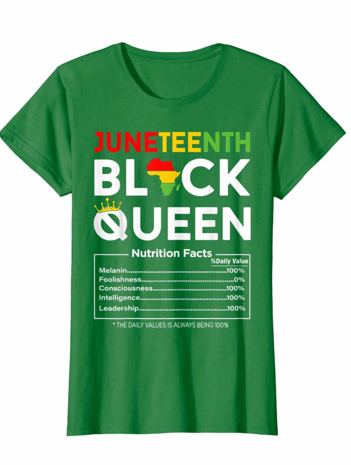 Final Sale Plus Size "Juneteenth Black Queen Nutritional Facts " T-Shirt in Kelly Green Casual Vibes Slim Look Fit