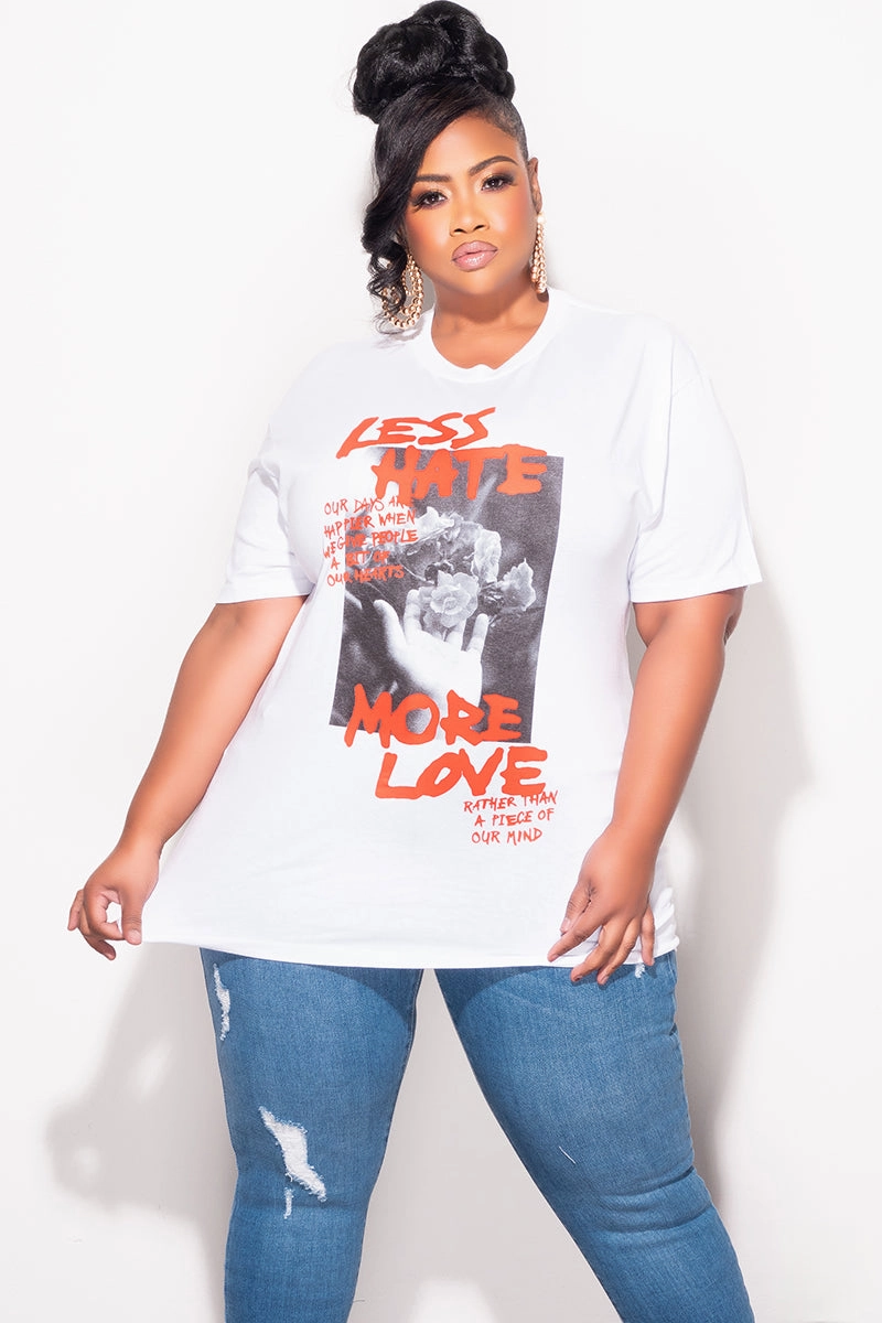 Final Sale Plus Size "Less Hate More Love " Graphic Top in White and Red Sporty Comfort Casual Active Wear
