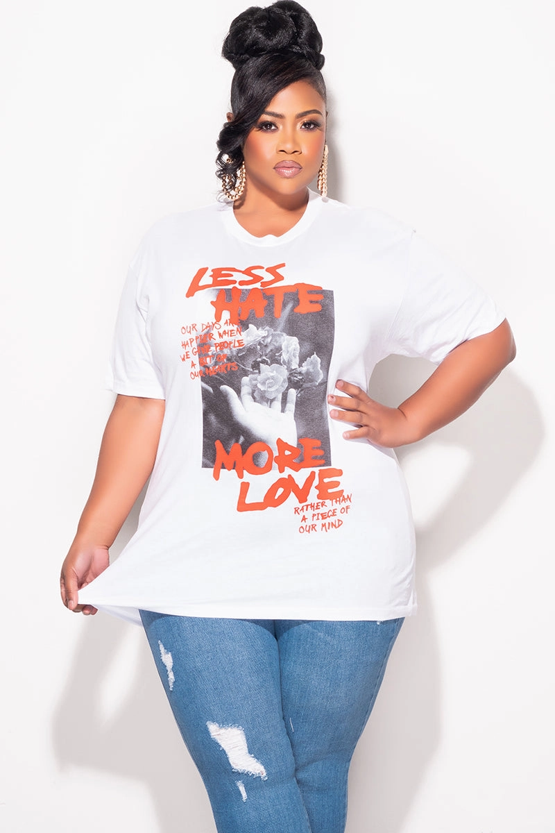 Final Sale Plus Size "Less Hate More Love " Graphic Top in White and Red LightweightConstruction