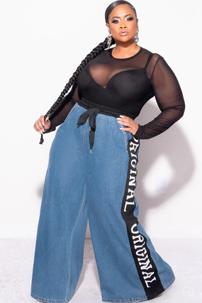 Final Sale Plus Size "Original" Colorblock Wide Leg Pants in Denim and Black Side zipper