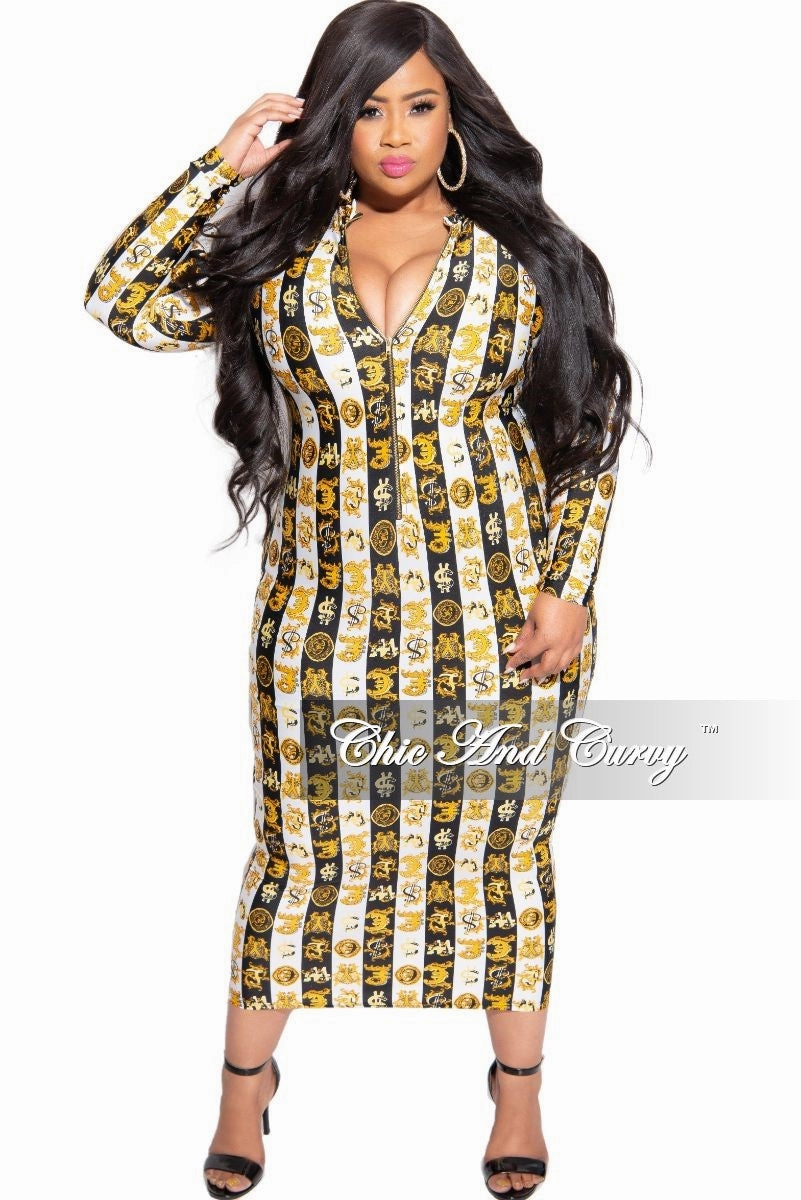 Final Sale Plus Size Reversible BodyCon Dress in Black White and Gold Design Print Clean Cut Ripstop Texture