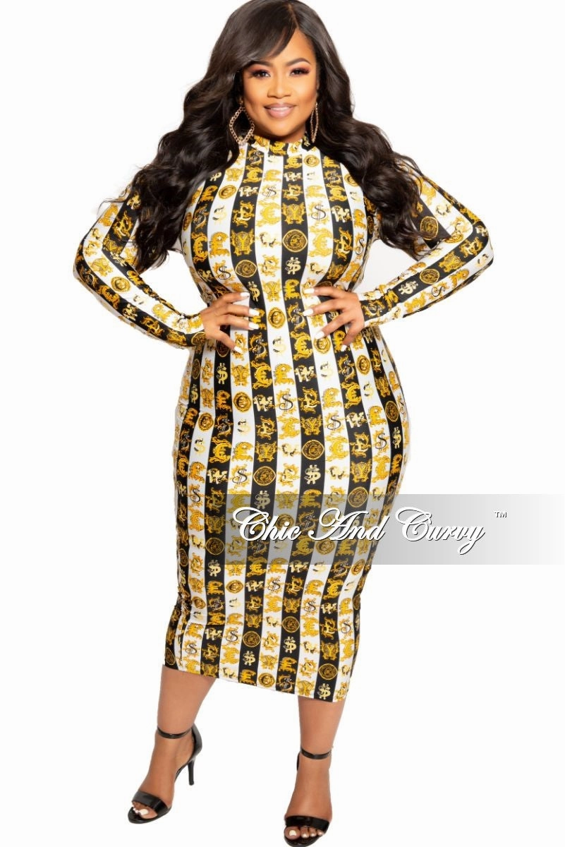 Breathable Style Final Sale Plus Size Reversible BodyCon Dress in Black White and Gold Design Print