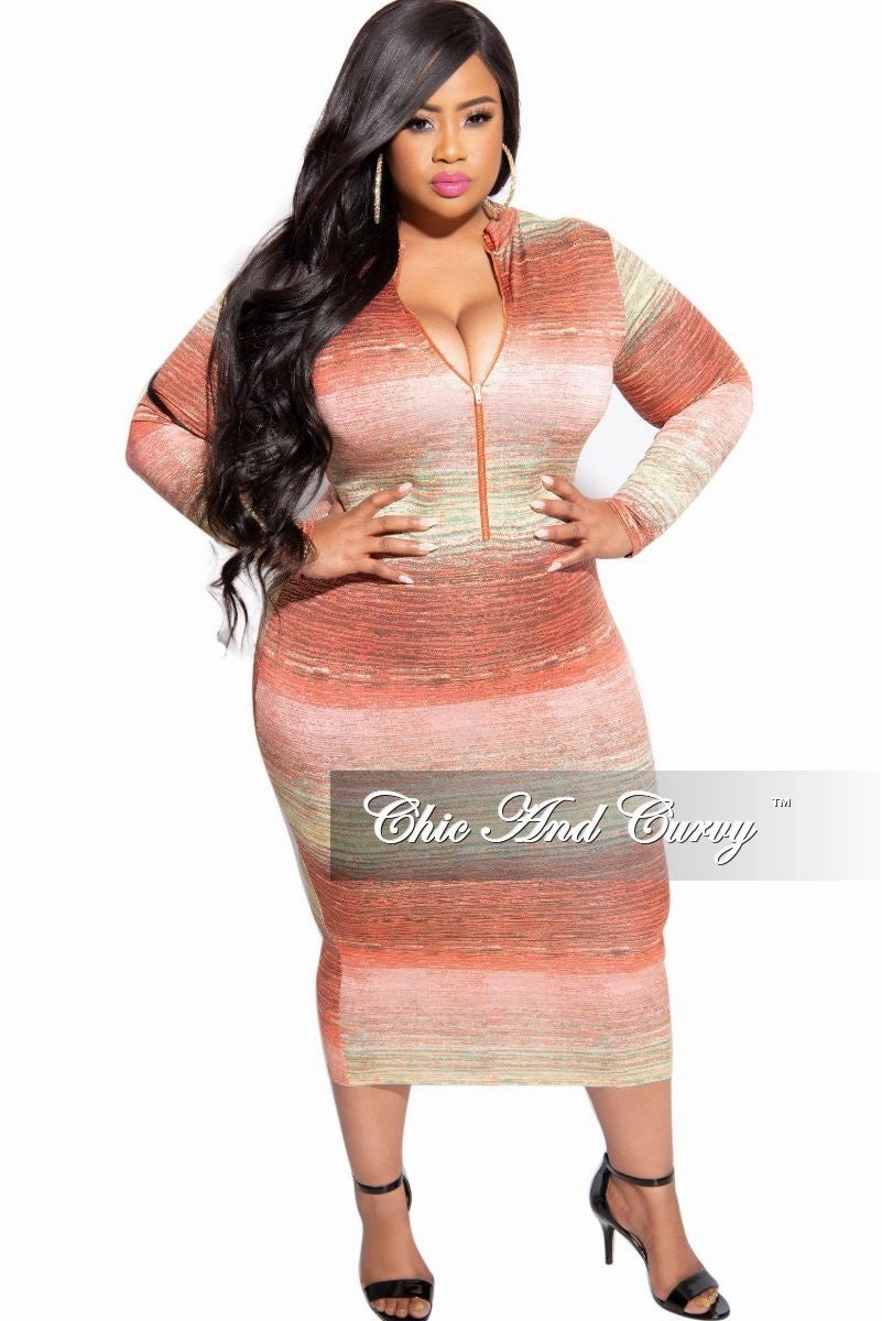 Essential Fit Final Sale Plus Size Reversible BodyCon Dress in Orange Coral Green and Gold Print