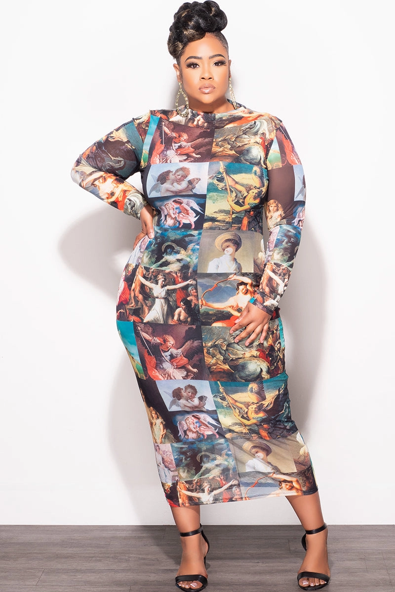 Final Sale Plus Size Reversible BodyCon In Mesh with Painting Print Supportive Waistband