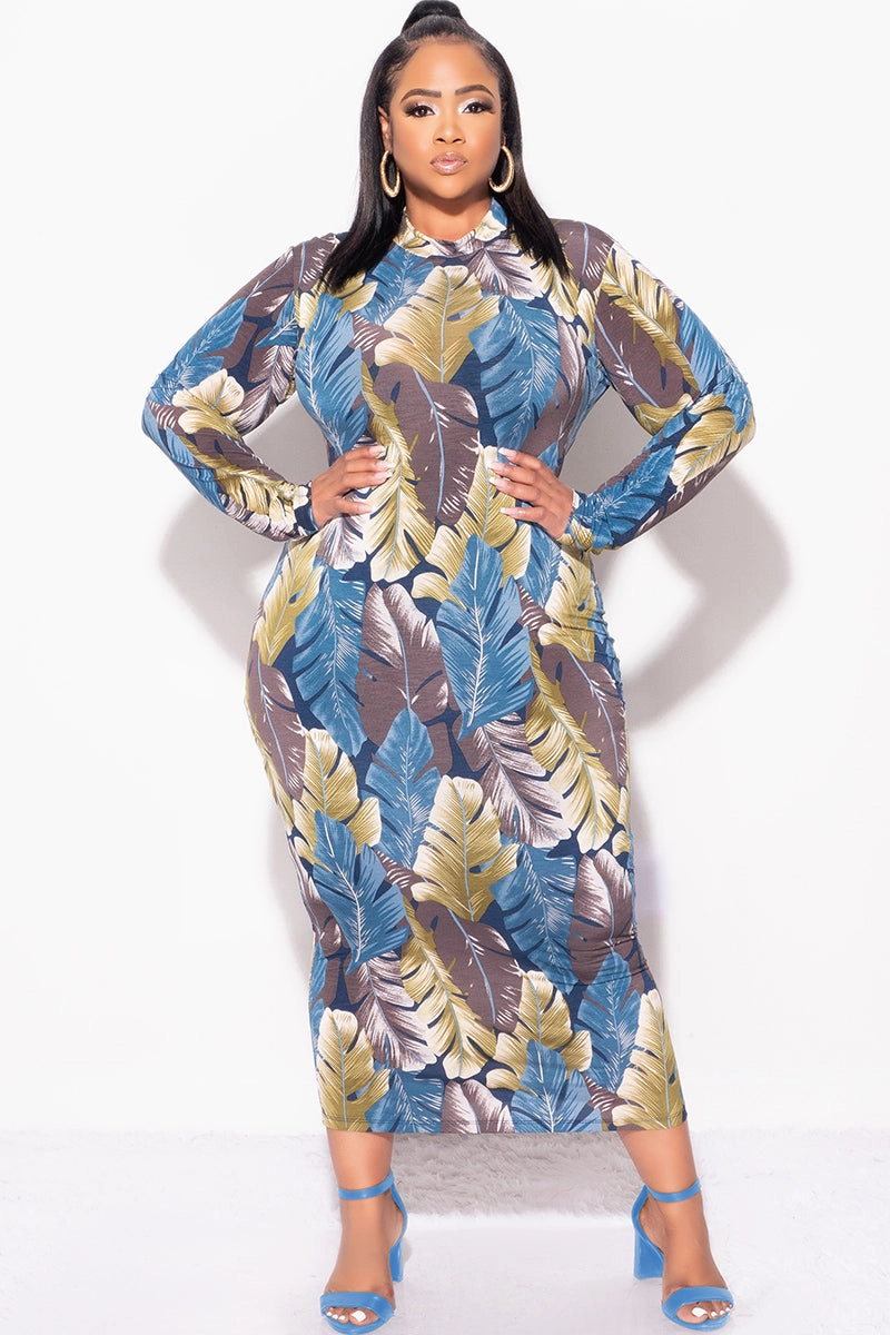 PermeableCloth Final Sale Plus Size Reversible BodyCon Midi Dress in Leaf Print