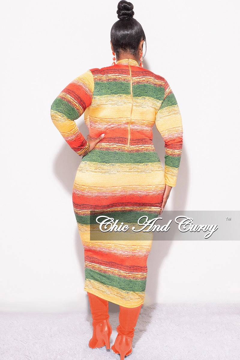 Final Sale Plus Size Reversible Long Sleeve BodyCon Dress in Green & Yellow Print Easy Care Fabric Finish