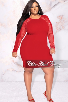 LightweightInsulation Slim Fit Wear Final Sale Plus Size Rhinestone Sheer Sleeve BodyCon Dress in Red