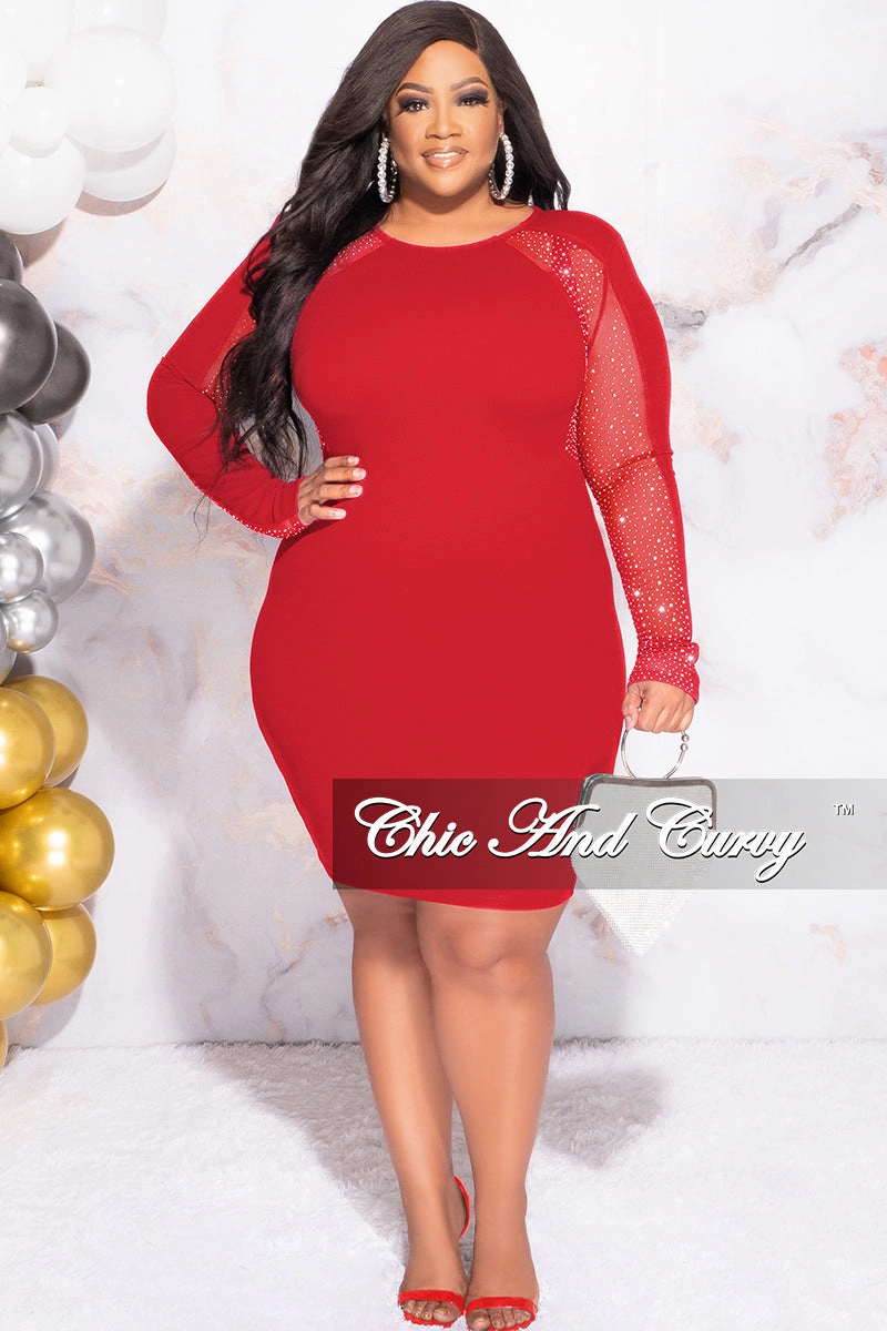 Sport Comfort Fit Core Ease Final Sale Plus Size Rhinestone Sheer Sleeve BodyCon Dress in Red