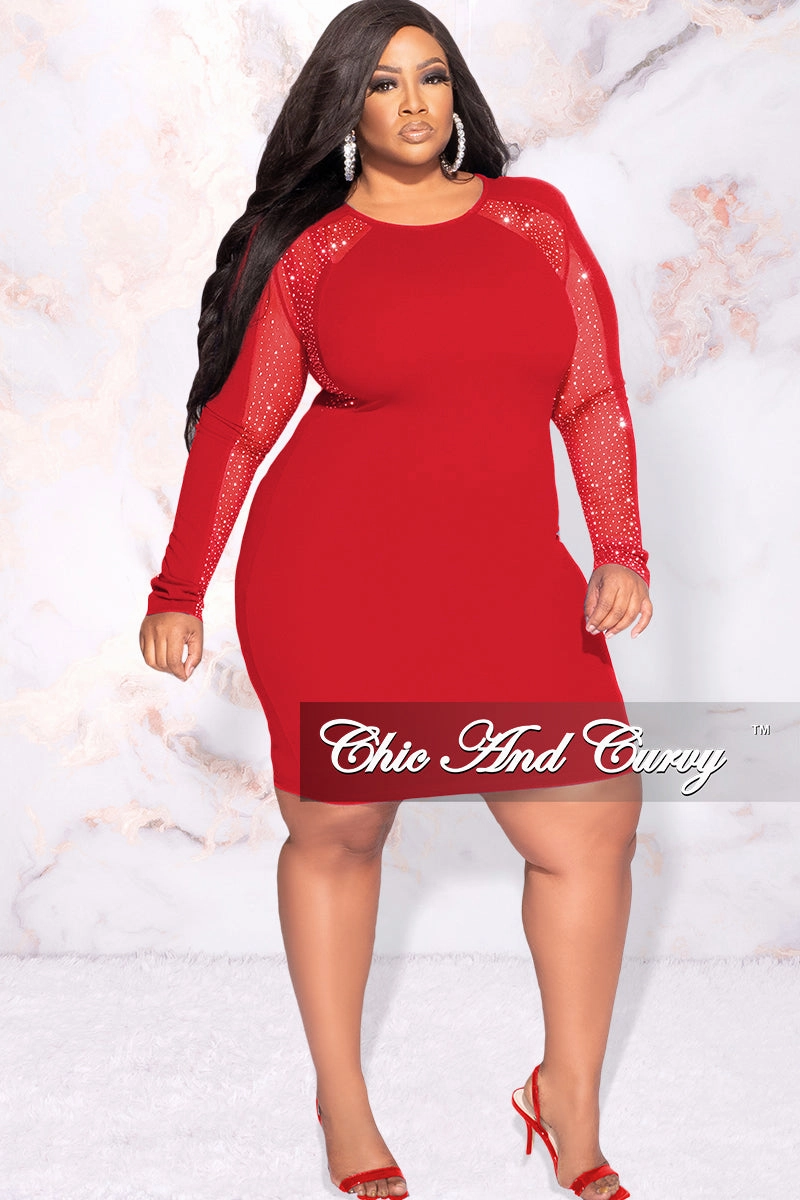 LightweightInsulation Slim Fit Wear Final Sale Plus Size Rhinestone Sheer Sleeve BodyCon Dress in Red