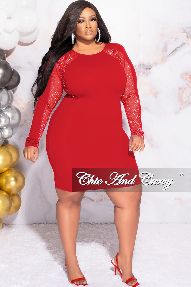 Casual Comfort Fit Daywear Final Sale Plus Size Rhinestone Sheer Sleeve BodyCon Dress in Red