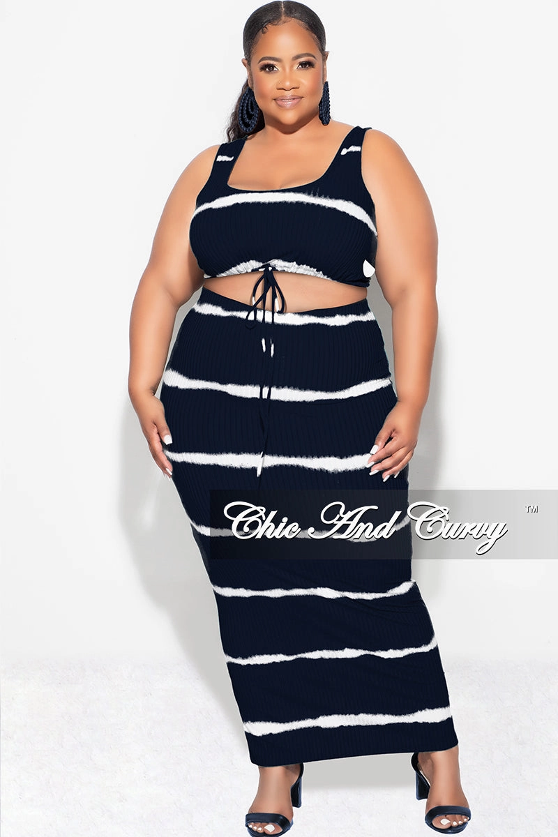 Sporty Fit Design Relaxed Design Wear Final Sale Plus Size Ribbed 2pc Crop Drawstring Top and Pencil Skirt in Black and White