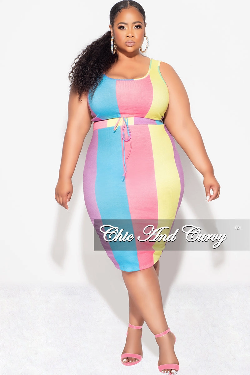 Sporty Vibe Flex Movement Final Sale Plus Size Ribbed 2pc Crop Drawstring Top and Pencil Skirt Set in Pink & Blue MultiColor Stripe Print