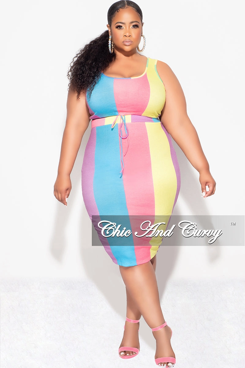 Gusseted Crotch Stretch Material Final Sale Plus Size Ribbed 2pc Crop Drawstring Top and Pencil Skirt Set in Pink & Blue MultiColor Stripe Print