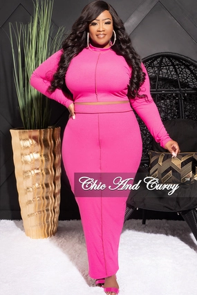 Urban Flex Final Sale Plus Size Ribbed 2pc Outer Sems Crop Front Knot Top and Pencil Skirt Set in Fuchsia
