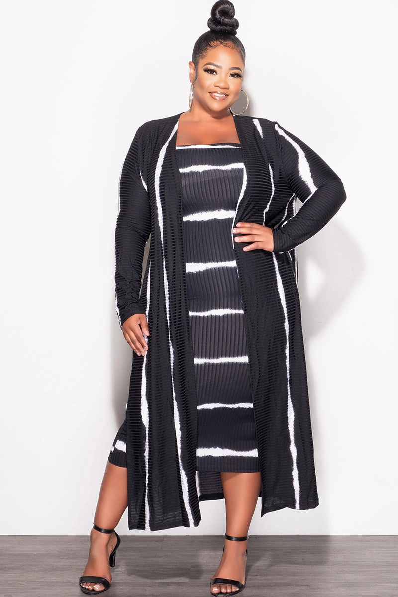 EasyCareFabric Final Sale Plus Size Ribbed 2pc Set Tube Dress With Duster in Black and Ivory Tie Dye Print
