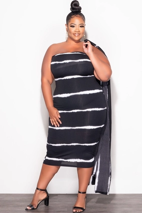 Travel Fit All Day Fit Final Sale Plus Size Ribbed 2pc Set Tube Dress With Duster in Black and Ivory Tie Dye Print