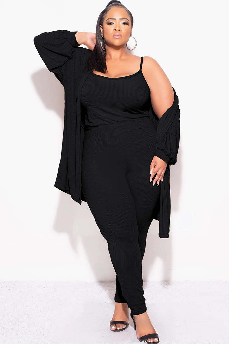 Final Sale Plus Size Ribbed 3pc Set Cardigan, Tank Crop Top, & Pants in Black Quick Release Closure