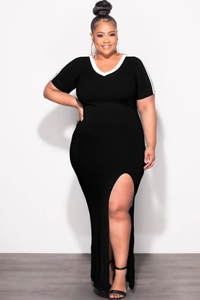 Supportive Fit Outdoor Use Final Sale Plus Size Ribbed BodyCon Colorblock with Front Slit Black