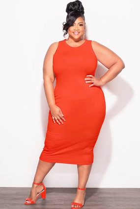 Final Sale Plus Size Ribbed BodyCon Tank Dress in Orange Casual Edge Airy Feel
