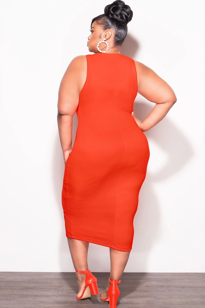 Softened Hem Erasable Logo Patch Final Sale Plus Size Ribbed BodyCon Tank Dress in Orange
