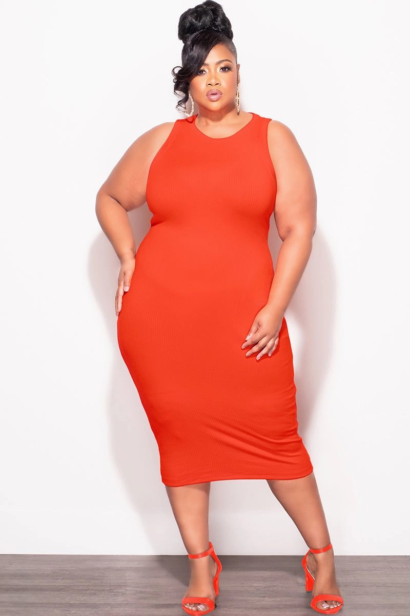 Final Sale Plus Size Ribbed BodyCon Tank Dress in Orange Stretching Fit AntiPillingFabric