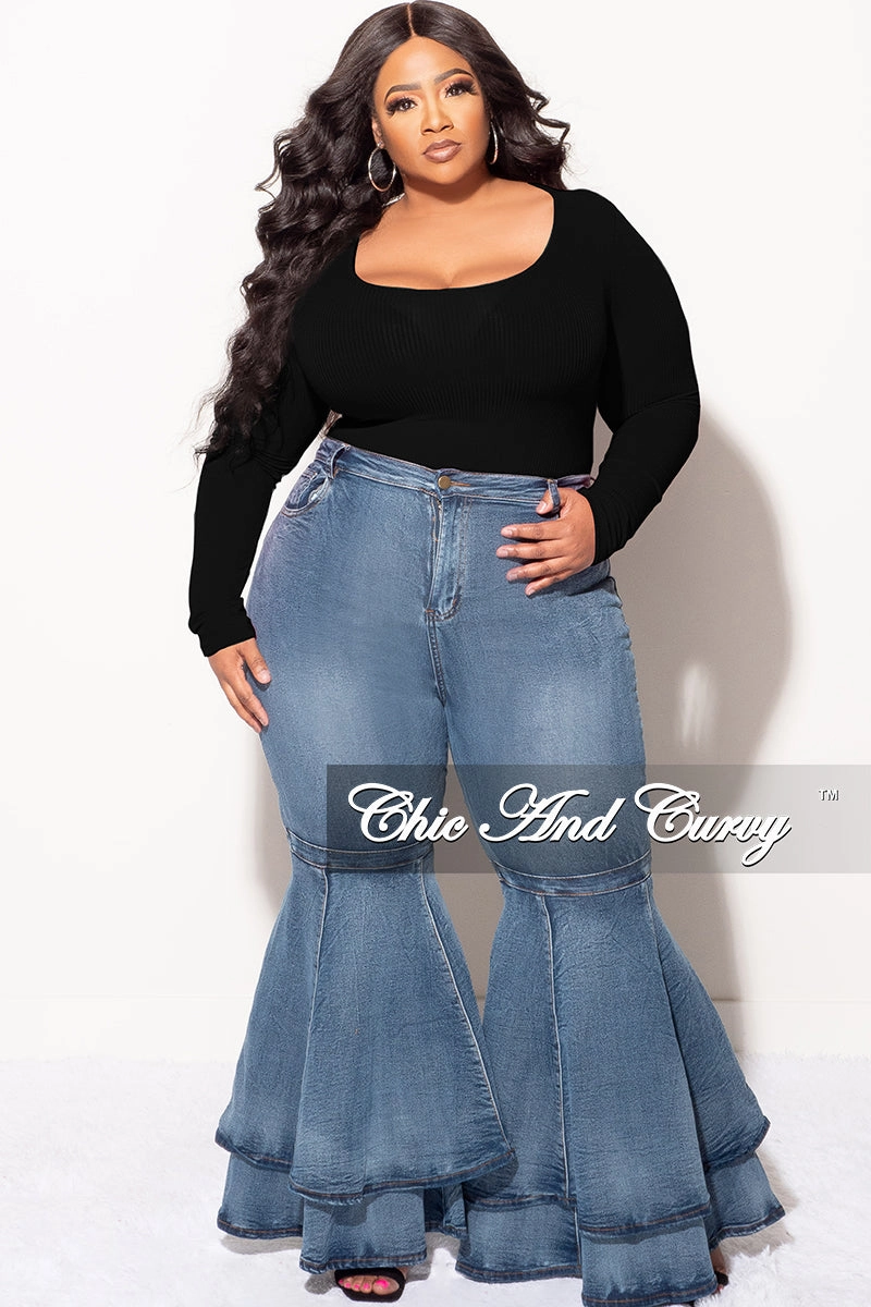 Final Sale Plus Size Ribbed Bodysuit in Black (Top Only) Slim Waist Cropped hem