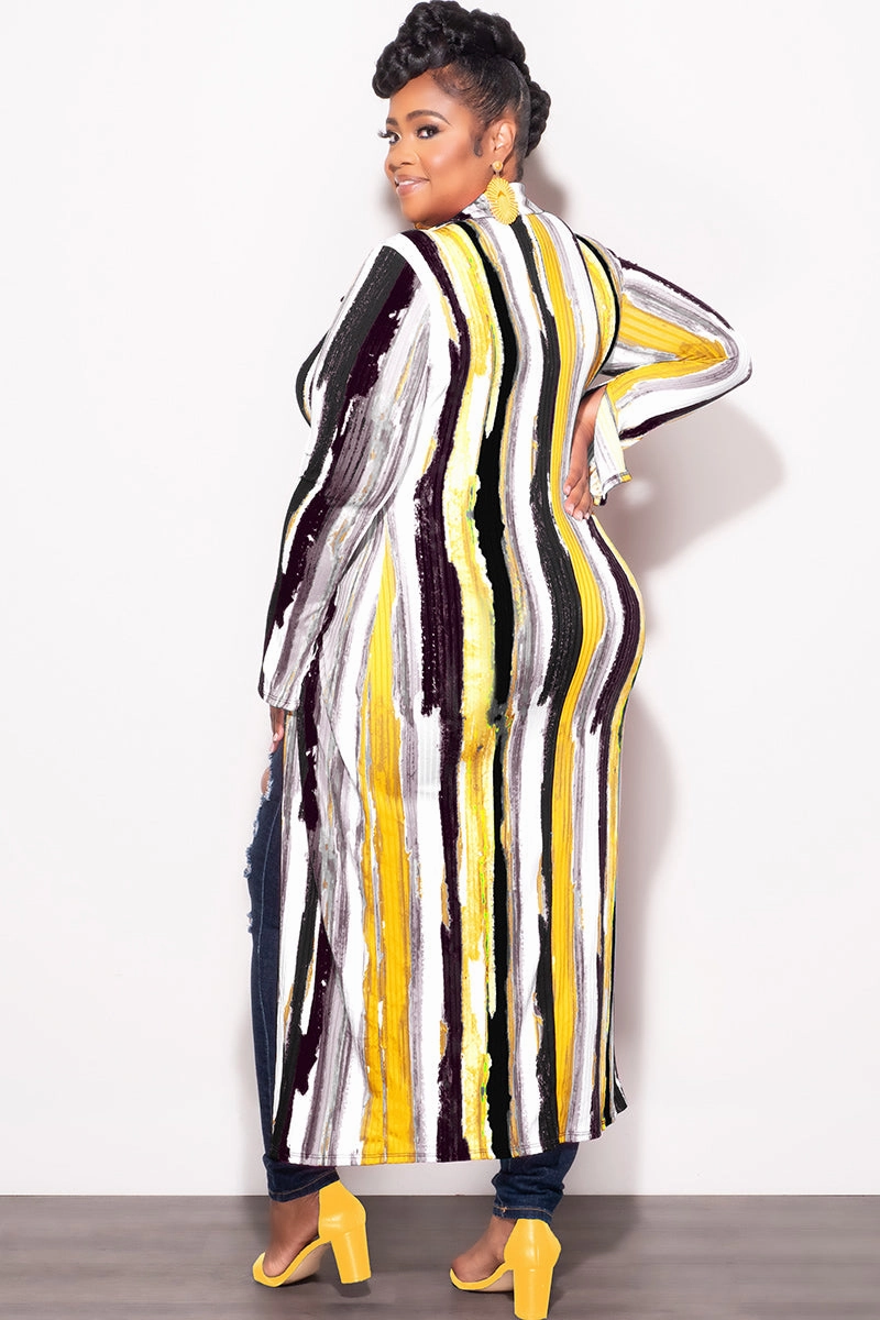 Final Sale Plus Size Ribbed Collar Button Up High-Low Top in Mustard Black and White MultiPocketSystem Core Comfort