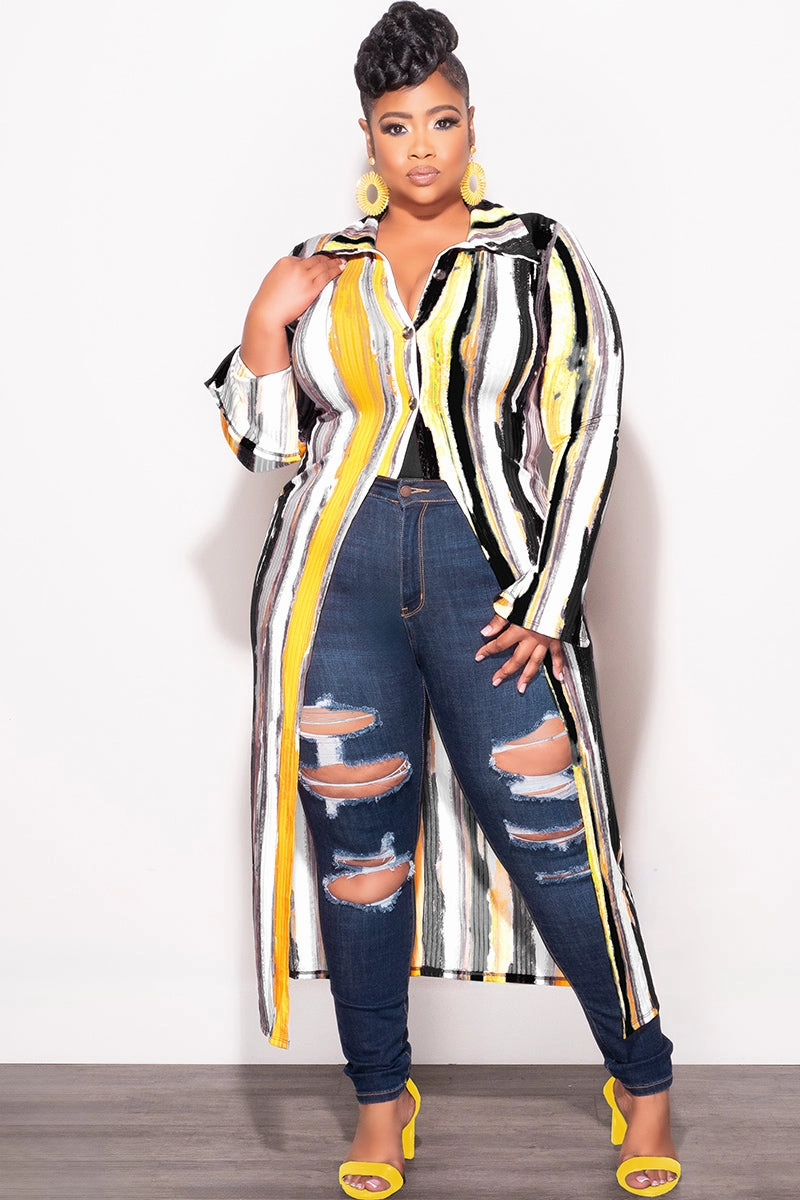 Layered Protection Final Sale Plus Size Ribbed Collar Button Up High-Low Top in Mustard Black and White