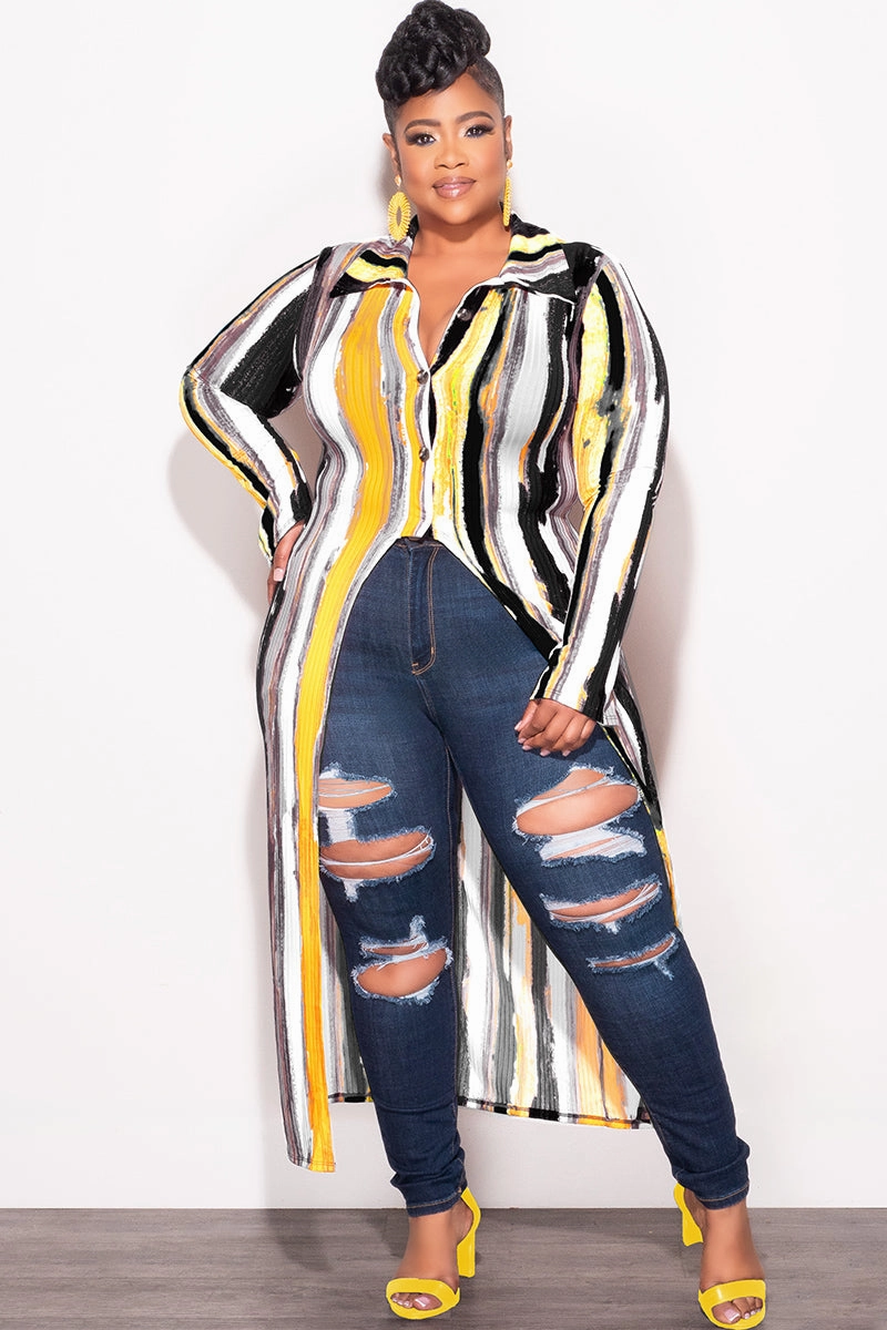 Light Fit Functional Stretch Final Sale Plus Size Ribbed Collar Button Up High-Low Top in Mustard Black and White