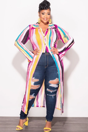 Warm Layer Quick Conversion Hem Final Sale Plus Size Ribbed Collar Button Up High-Low Top in Mustard Multi Color Print