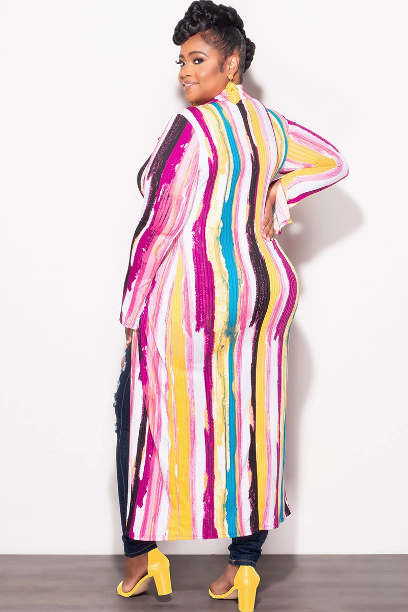 Final Sale Plus Size Ribbed Collar Button Up High-Low Top in Mustard Multi Color Print Lightweight insulation