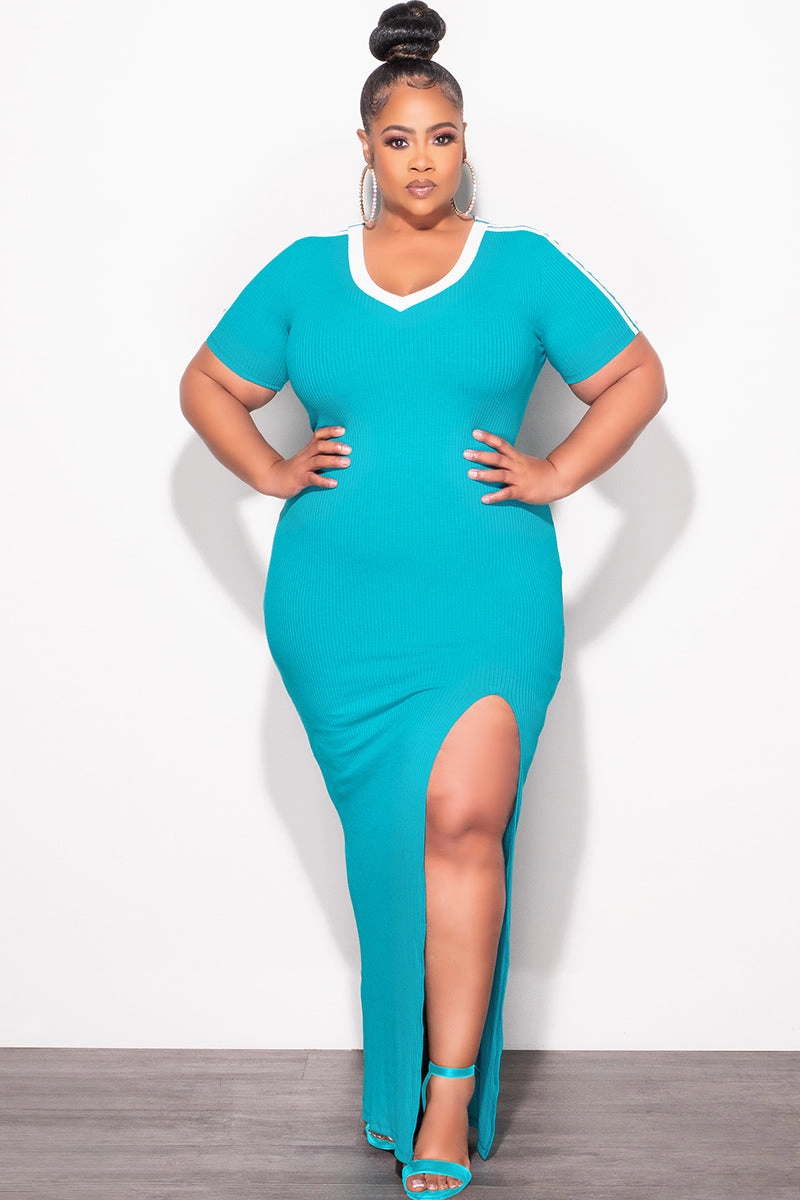 Final Sale Plus Size Ribbed Colorblock Bodycon Dress with Front Slit in Turquoise Snag Free Fabric Timeless Utility
