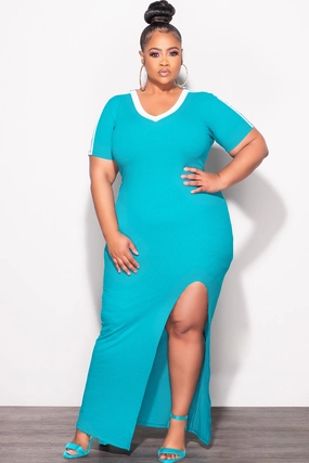 Final Sale Plus Size Ribbed Colorblock Bodycon Dress with Front Slit in Turquoise Anti Static Fabric