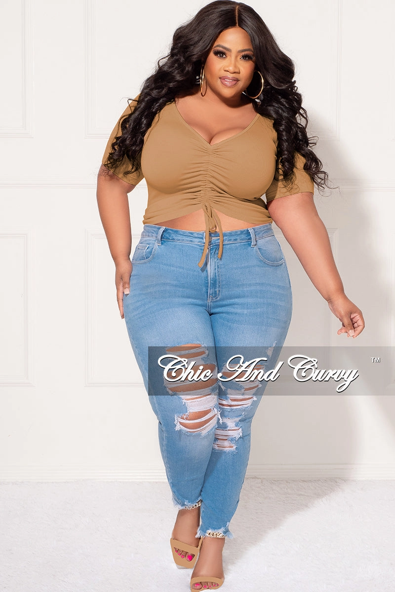 Final Sale Plus Size Ribbed Drawstring Top in Camel High-rise waist NoiseReducingFabric