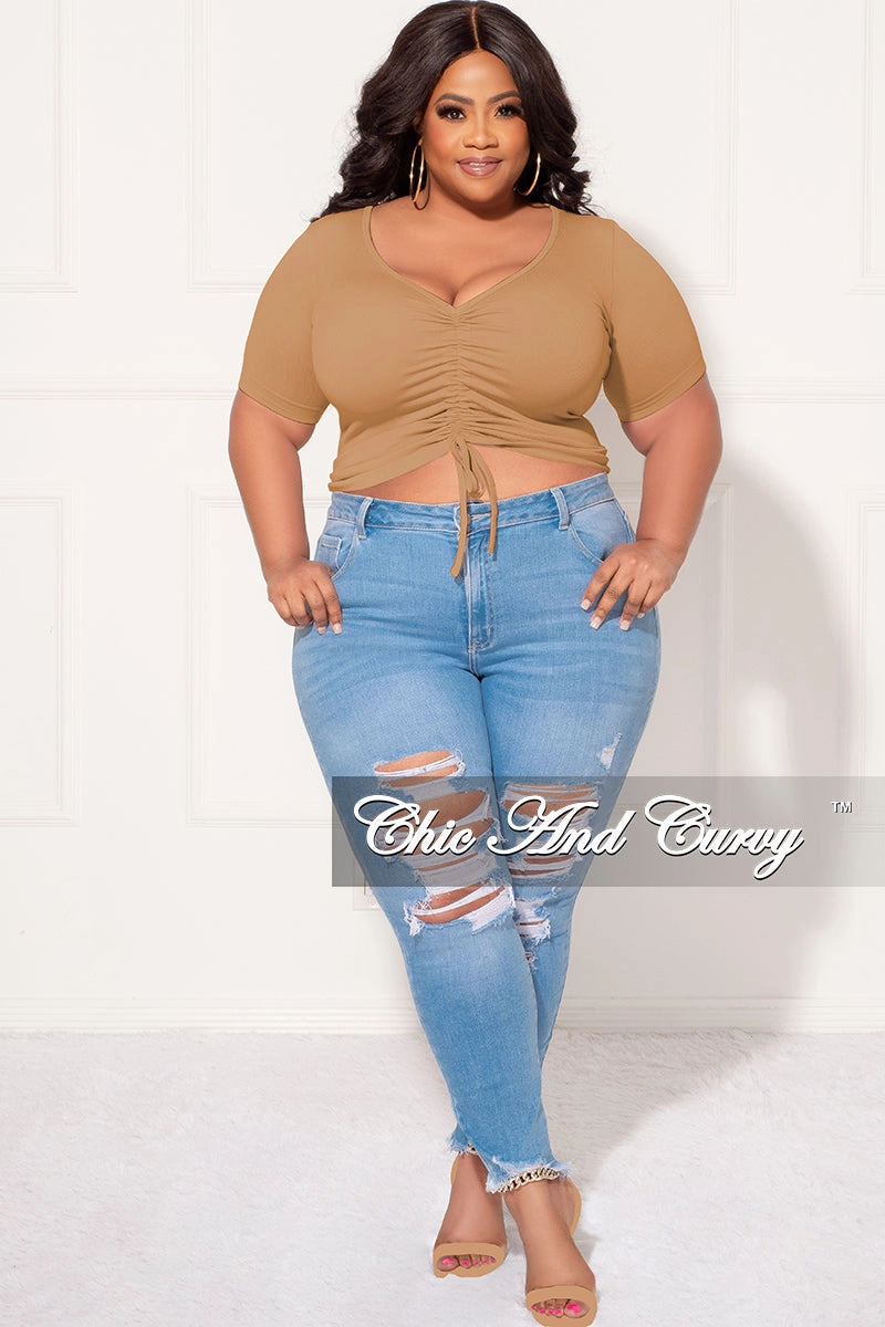 Final Sale Plus Size Ribbed Drawstring Top in Camel Denim finish Roomy Shape