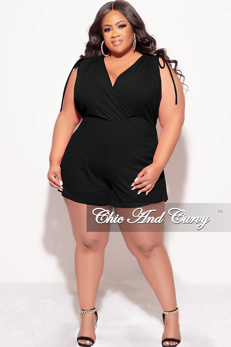 Non Irritating Tags Flexible Material Final Sale Plus Size Ribbed Faux Wrap Romper in Black