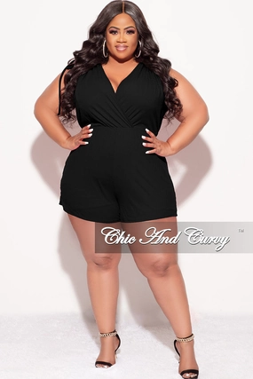 Final Sale Plus Size Ribbed Faux Wrap Romper in Black Outdoor Adventure