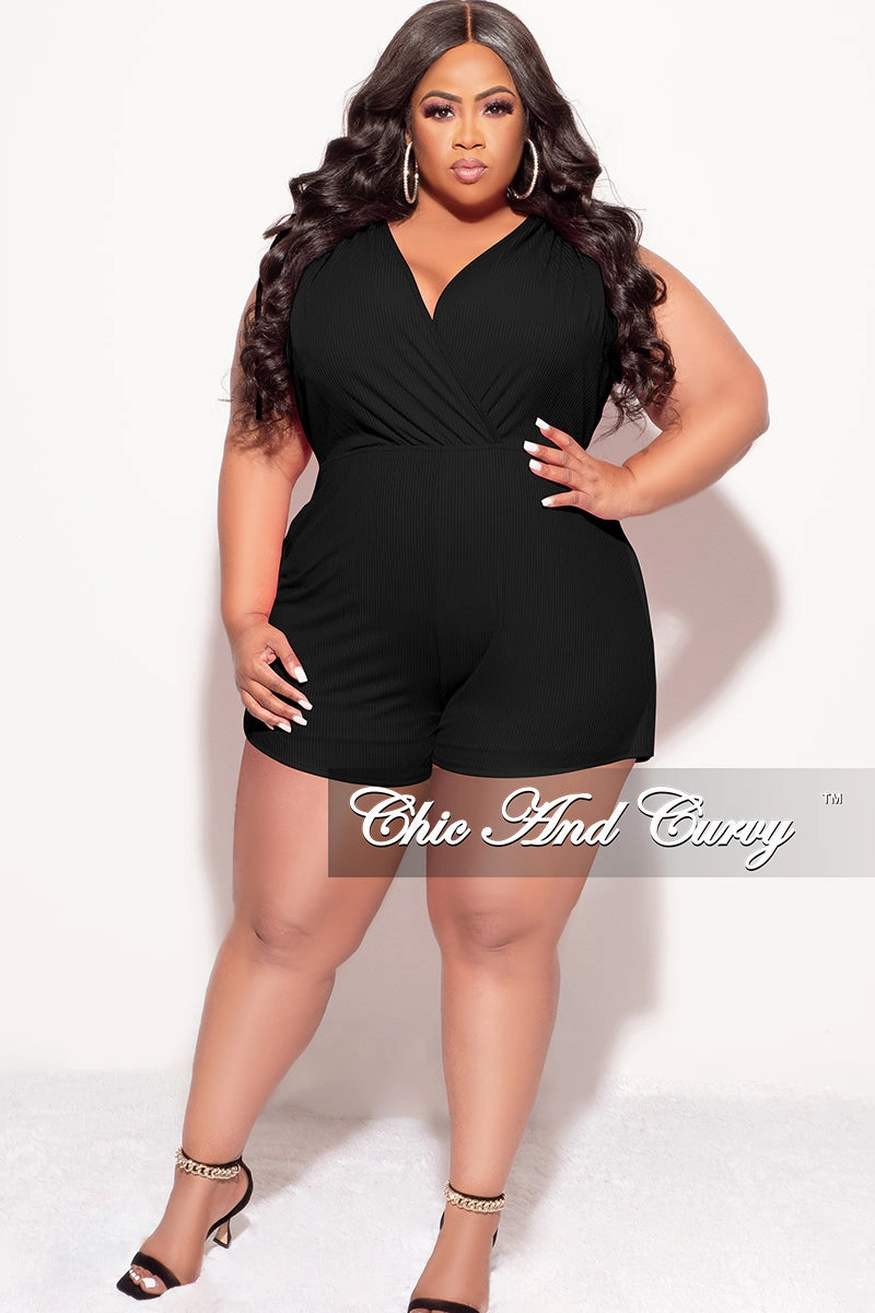 Sport Comfort Fit Minimal Vibe Final Sale Plus Size Ribbed Faux Wrap Romper in Black