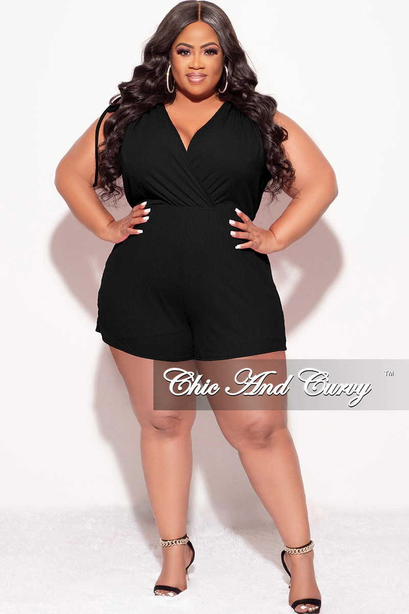Final Sale Plus Size Ribbed Faux Wrap Romper in Black Outdoor Adventure