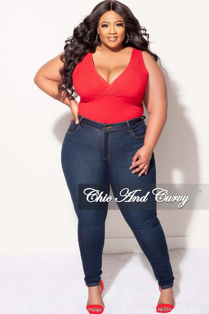 Final Sale Plus Size Ribbed Faux Wrap Sleeveless Bodysuit in Red Soft Feel