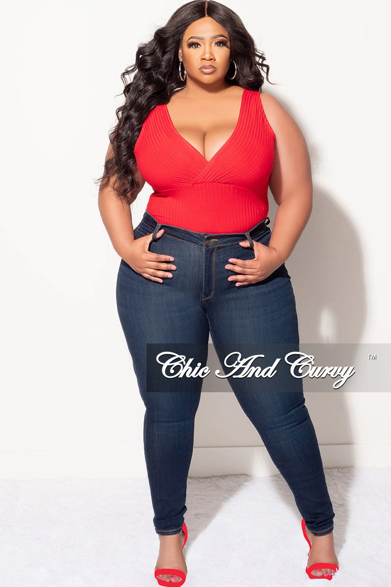 Final Sale Plus Size Ribbed Faux Wrap Sleeveless Bodysuit in Red Flexible Layer Fit
