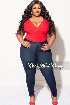 Final Sale Plus Size Ribbed Faux Wrap Sleeveless Bodysuit in Red Low Profile Fasteners Premium Stretch