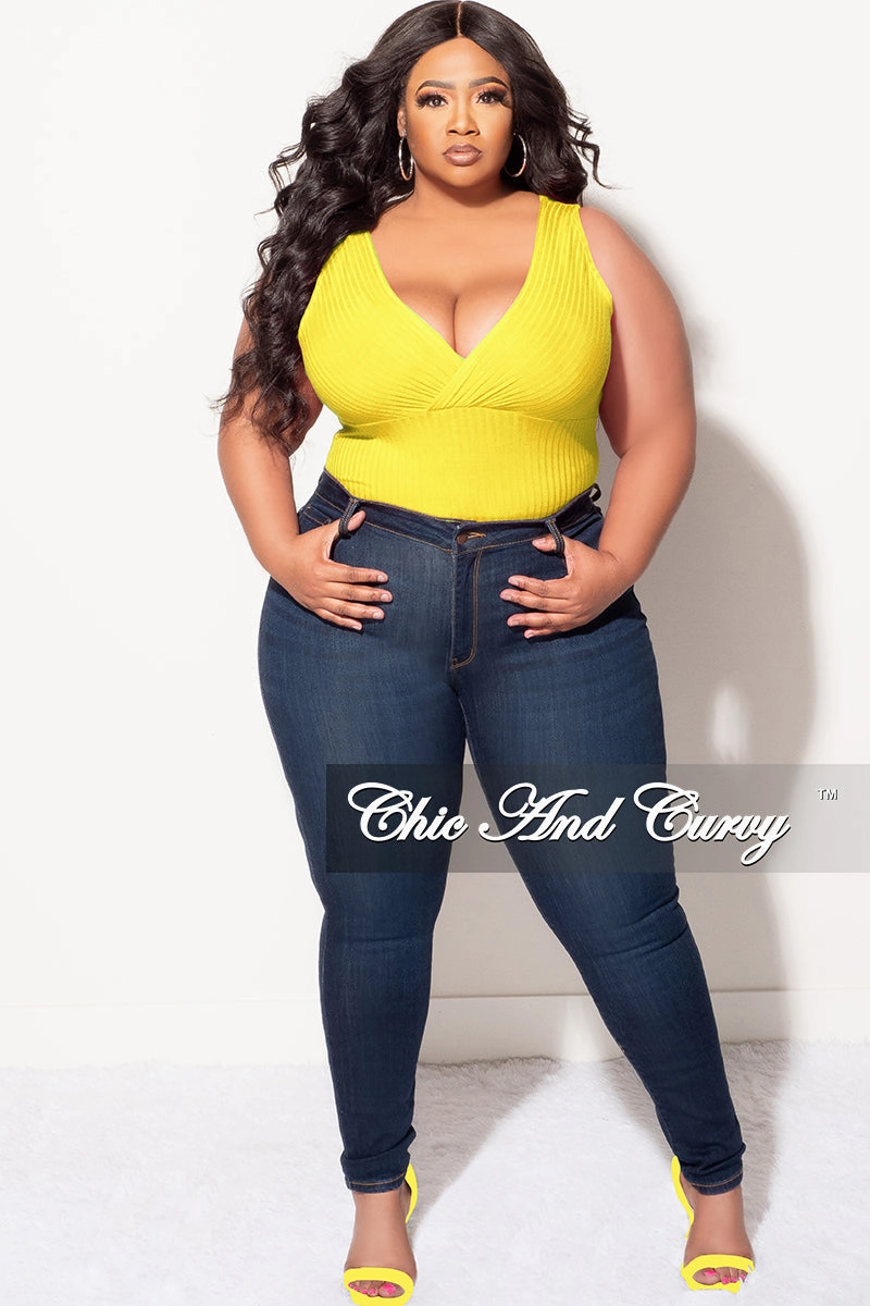 Final Sale Plus Size Ribbed Faux Wrap Sleeveless Bodysuit in Yellow Sport Ready Slim Fit Design