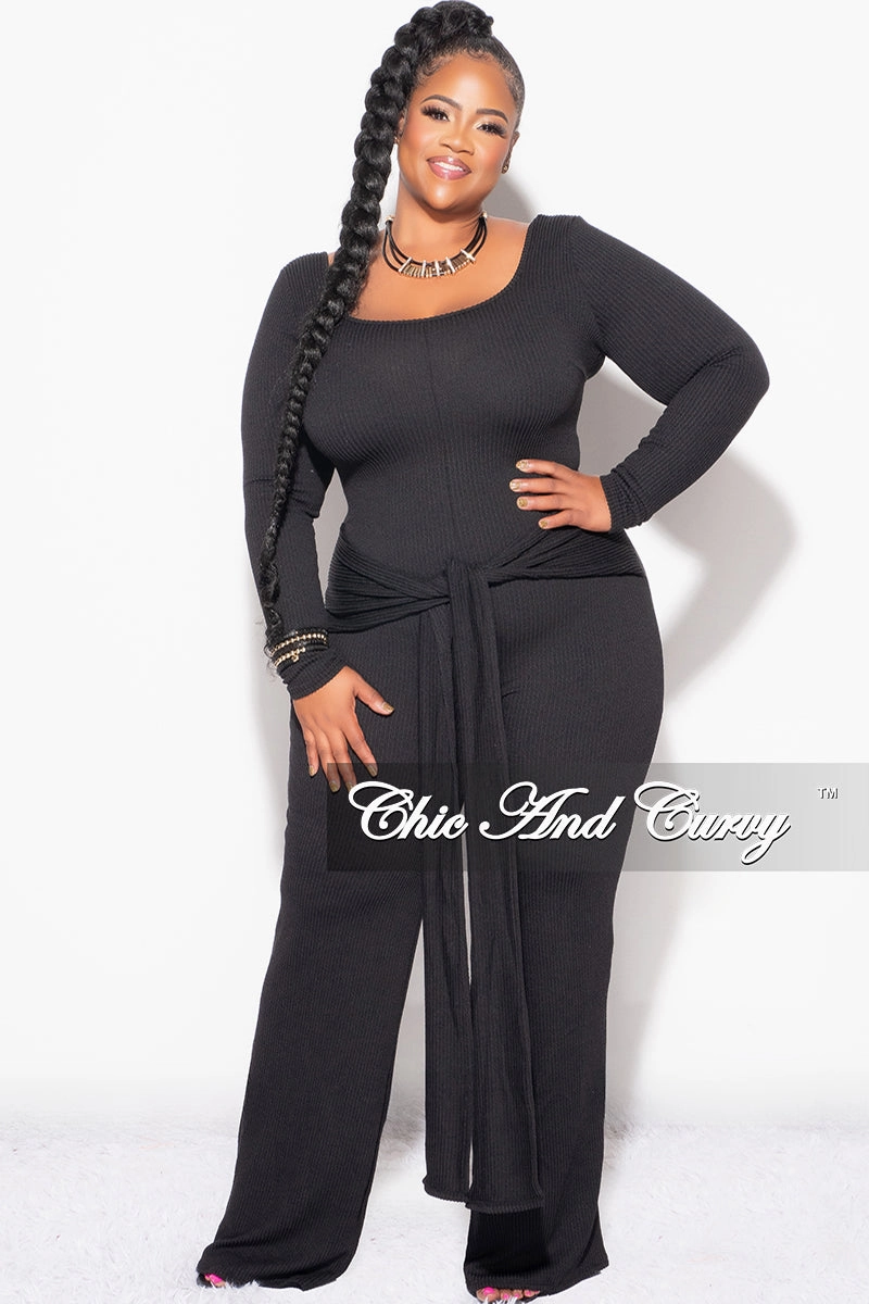 Trail Ready Final Sale Plus Size Ribbed Jumpsuit with Attached Tie in Black