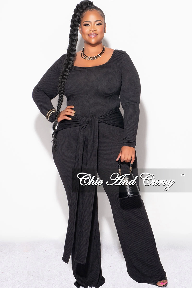 Final Sale Plus Size Ribbed Jumpsuit with Attached Tie in Black Tapered ankle Versatile Design