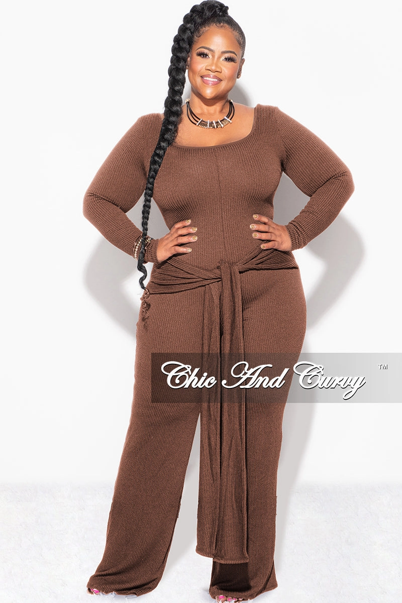 Final Sale Plus Size Ribbed Jumpsuit with Attached Tie in Brown Urban Edge Flexible Movement